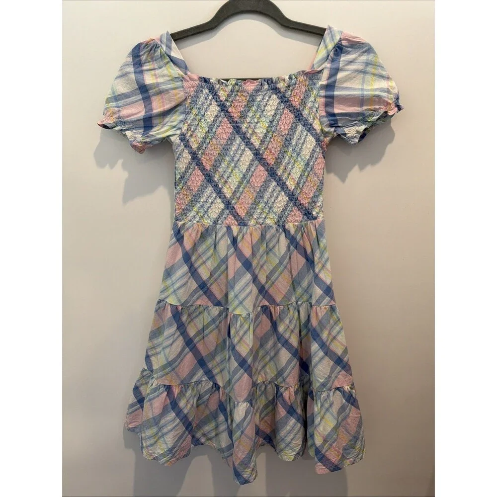 Gymboree Pastel Plaid Smocked Dress Girls Sz 12 100% Cotton Pink Blue Preppy EUC